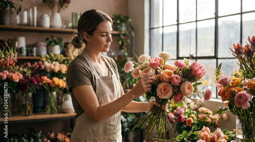 Florist arranging fresh flowers, floral design, small business, creative profession, artisan work, bouquet preparation, retail and lifestyle concept.