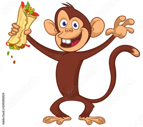 Photography Cartoon funny monkey chimpanzee holding burrito wrap or kebab fast food in his hands