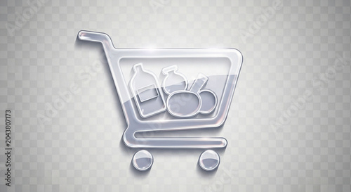 A sleek vector shopping cart icon filled with various household and personal care product bottles.