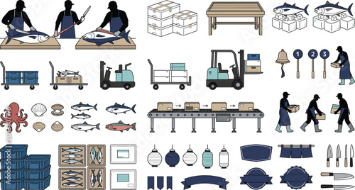 Bild auf Leinwand Seafood Processing And Fish Market Vector Collection Featuring Tuna Cutting, Packaging Workflow And Commercial Fishing Industry Elements