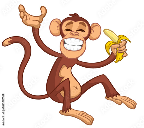 Canvas Print Cartoon funny monkey sitting  holding banana in his hand