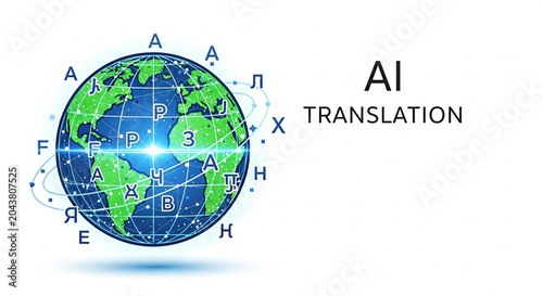 A sleek vector illustration depicts AI translation technology connecting global languages through a digital world map.