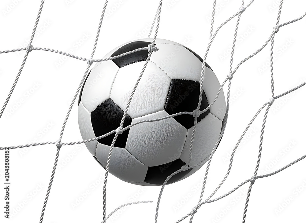 Naklejka premium Soccer ball stuck in a goal net on isolated white background