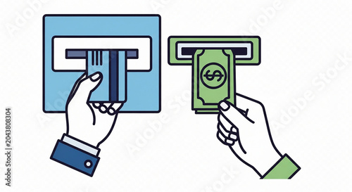 A hand inserting a credit card into an ATM machine while another retrieves cash from the slot