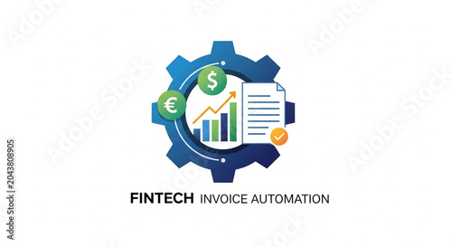 A modern vector illustration depicting fintech invoice automation with gears and financial icons integrated into the design