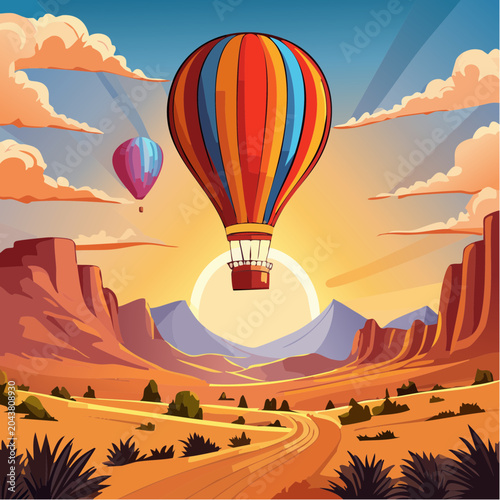 Montgolfière au lever du soleil – illustration paysage coloré