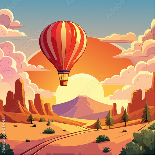 Montgolfière au lever du soleil – illustration paysage coloré