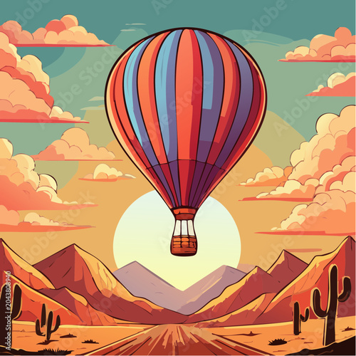 Montgolfière au lever du soleil – illustration paysage coloré