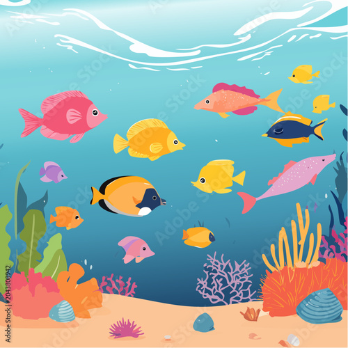 Poissons tropicaux colorés dans un récif – illustration marine