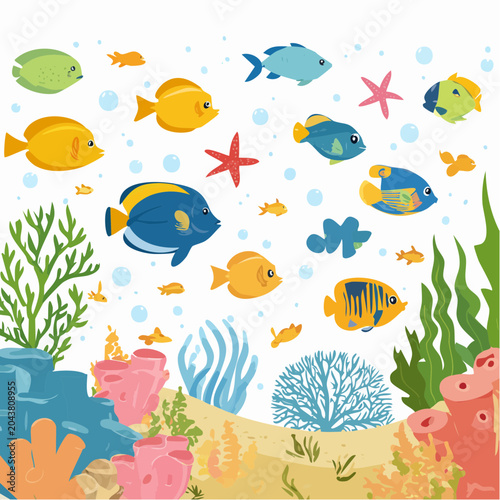 Poissons tropicaux colorés dans un récif – illustration marine