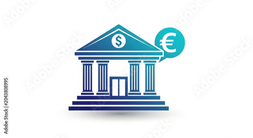 A stylish vector illustration of a classical bank building symbolizing finance with a euro currency sign floating nearby