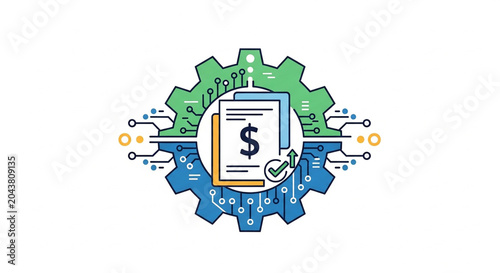 A modern vector illustration shows interconnected gears with a document and dollar symbol representing financial technology or digital payments