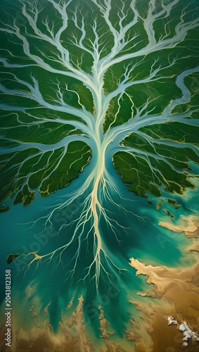 Aerial view of river delta forming natural tree-like landscape pattern with earth science landscape geography environment topography abstract channels tributary ecosystem habitats