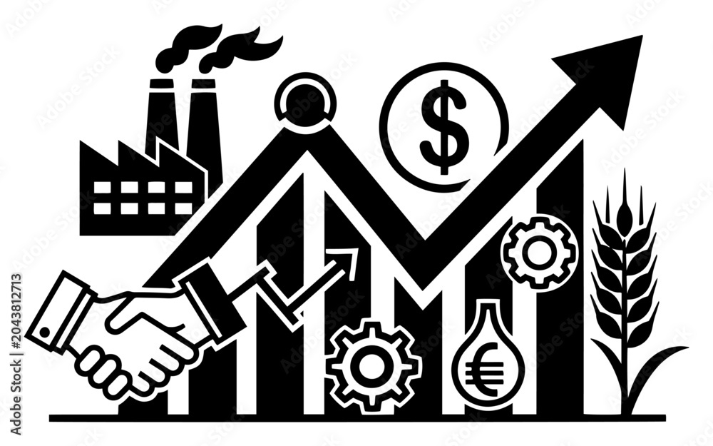 Fototapeta premium Business growth and economic development infographic silhouette, global industry agriculture and finance partnership concept illustration, upward market trend vector