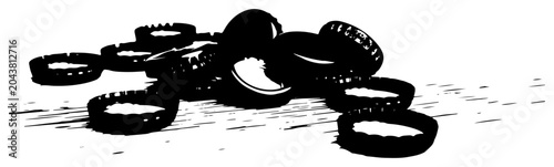 Schilderij op canvas Pile of discarded old tires silhouette, environmental waste and rubber pollution