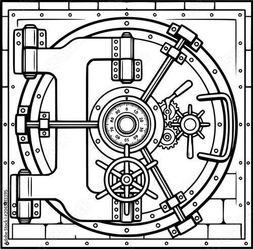 Black and white flat illustration of a bank vault door with round combination lock isolated on white background
