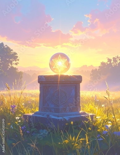 An ancient stone pedestal holds a single four-star orb illuminated by a dramatic beam of golden morning light.