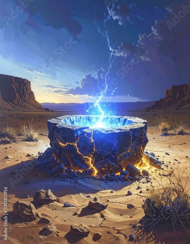 Blue energy sparks and golden lightning crackle around a cracked stone crater in a desolate desert landscape.