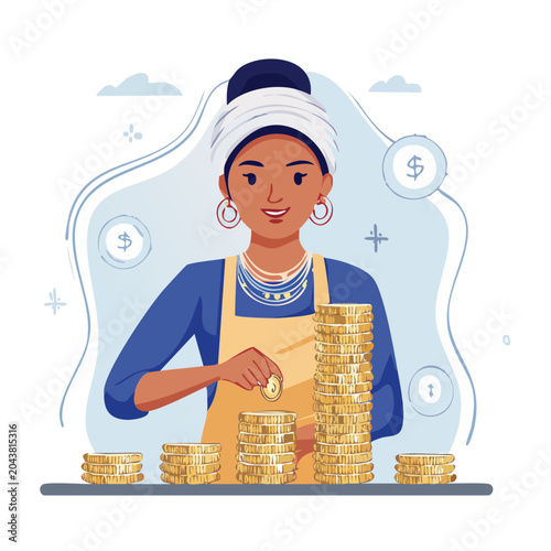 Woman stacking gold coins with dollar signs in background