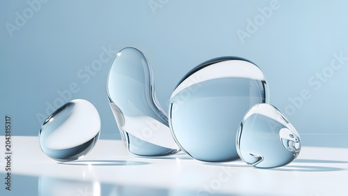 Clear glass pebbles arranged on a white surface reflective and smooth