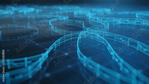 Abstract Circular Structures With Glowing Lines Digital Rendering In Blue Tones