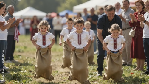 Warm candid family festival scene with children and adults in traditional attire playing a sack race in a sunlit meadow