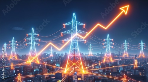 Electricity transmission towers with rising glowing arrow graph over city skyline at night. Increasing energy prices and power consumption trends in urban environment.