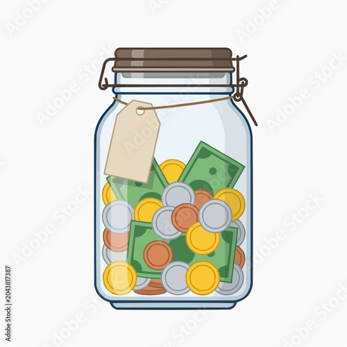 Glass jar filled with money banknotes and coins with a blank tag hanging on it