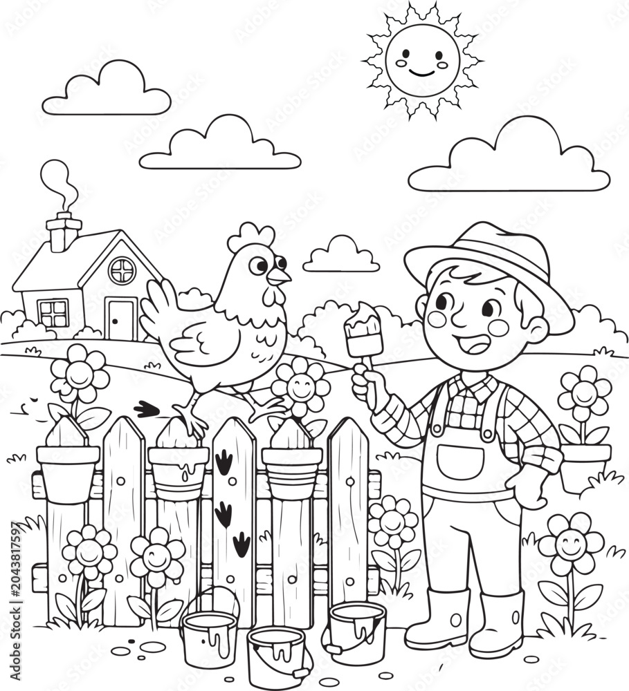 Fototapeta premium Farmer or farm worker coloring page for kids and adults