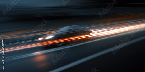 Fast car racing at high speed, intense motion, road action, sleek automotive styling and adrenaline-filled driving experience.