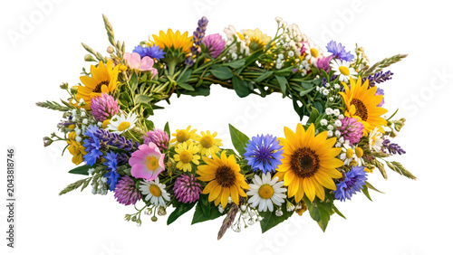 Flower wreath with sunflowers and wildflowers isolated on transparent background