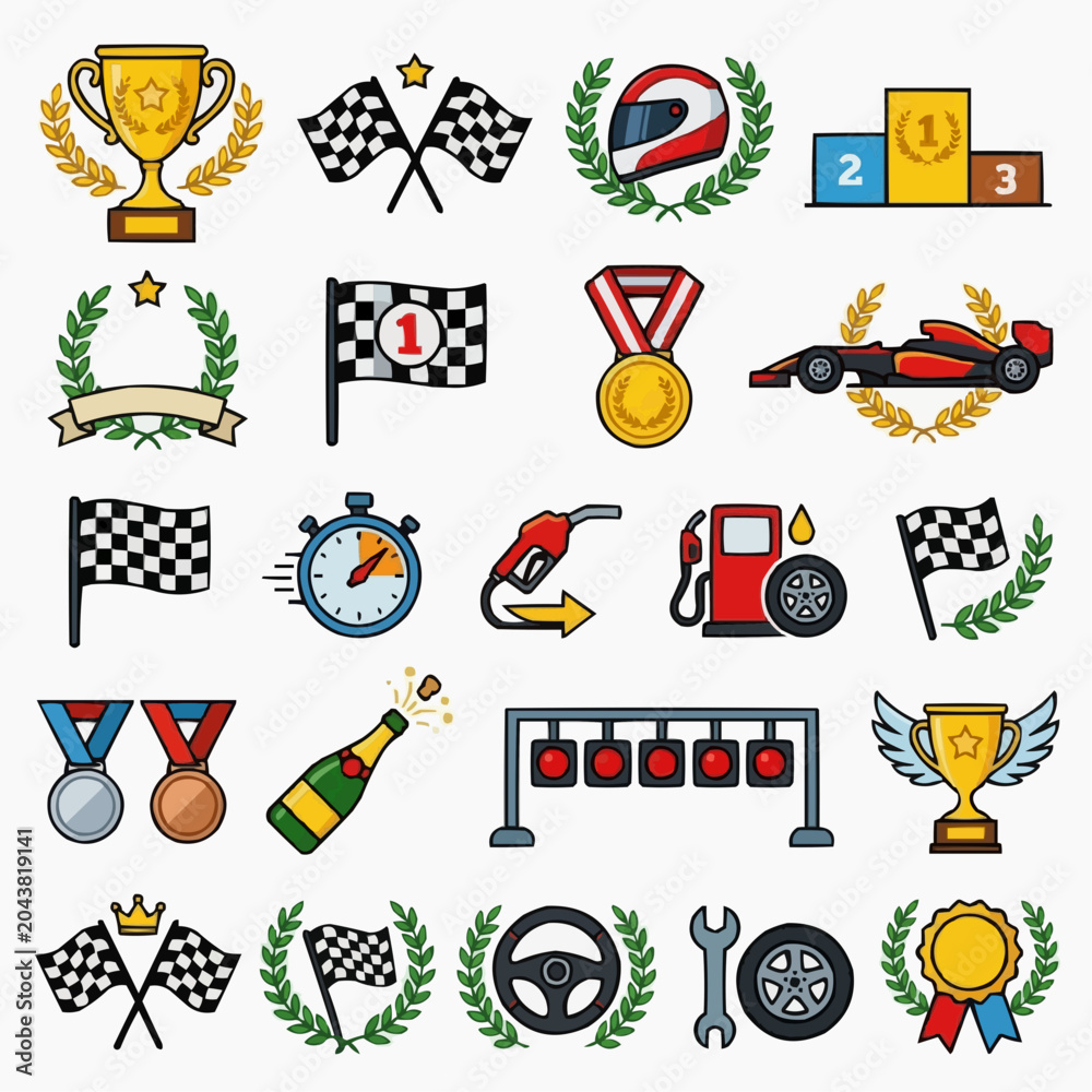 Fototapeta premium Motorsport racing icons set with trophy, flags, helmet, car, podium and stopwatch