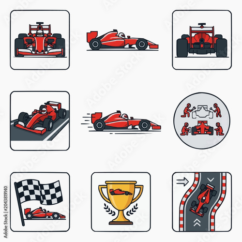 Formula 1 Racing Car Icons Set with Trophy and Checkered Flag