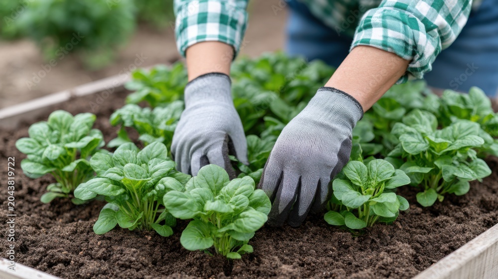 Fototapeta premium Gardener wearing gray gloves tending to green spinach plants in a raised garden bed with rich soil and blurred background of a garden setting