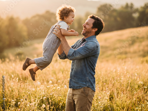 Joyful Father Lifting Child High Into Air in Sunlit Meadow, Warm Golden Hour Backlight, Authentic Family Happiness, Natural Outdoor Lifestyle Photography, Commercial Stock Asset