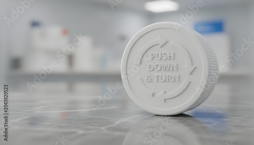 White childproof medicine bottle cap standing on a marble counter in a pharmacy clinic background, showcasing safety closure and pharmaceutical protection concept