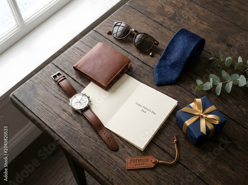 Top-down Flat Lay of Stylish Wristwatch, Leather Wallet, Sunglasses, Necktie, Greeting Card, and Gift Box on Wooden Surface, Elegant Father's Day Premium Lifestyle Branding Image