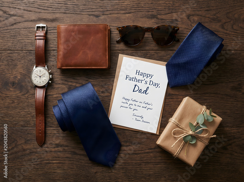 Top-down Flat Lay of Stylish Wristwatch, Leather Wallet, Sunglasses, Necktie, Greeting Card, and Gift Box on Wooden Surface, Elegant Father's Day Premium Lifestyle Branding Image