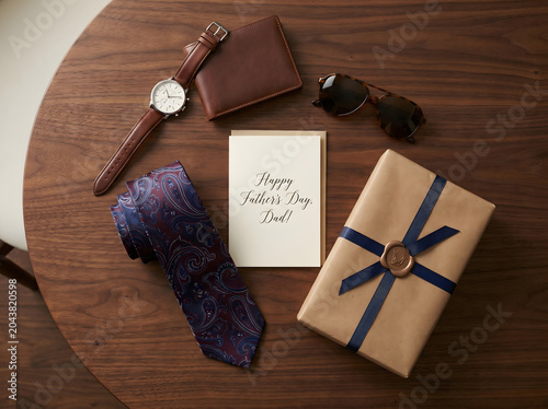 Top-down Flat Lay of Stylish Wristwatch, Leather Wallet, Sunglasses, Necktie, Greeting Card, and Gift Box on Wooden Surface, Elegant Father's Day Premium Lifestyle Branding Image