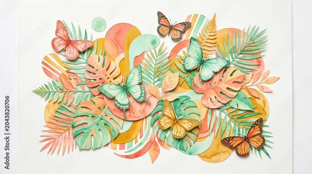 Obraz premium Vibrant paper art featuring colorful butterflies and lush foliage, creating a joyful and refreshing composition.