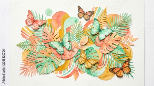 Vibrant paper art featuring colorful butterflies and lush foliage, creating a joyful and refreshing composition.