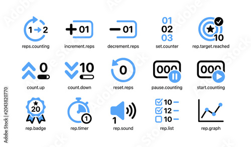 Rep counting and control icons arranged on white background