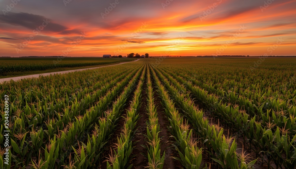 Fototapeta premium Symmetrical rows of a lush green midwest cornfield stretching to the horizon under a dramatic fiery sunset sky, representing agricultural abundance and rural farming concept