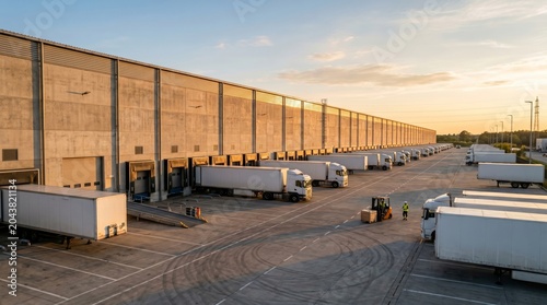 Busy logistics hub with multiple trucks at sunset, showcasing a vibrant orange sky and industrial efficiency.