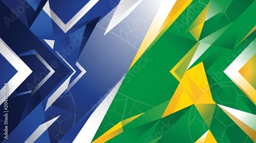 Dynamic abstract background featuring bold blue and green geometric shapes.