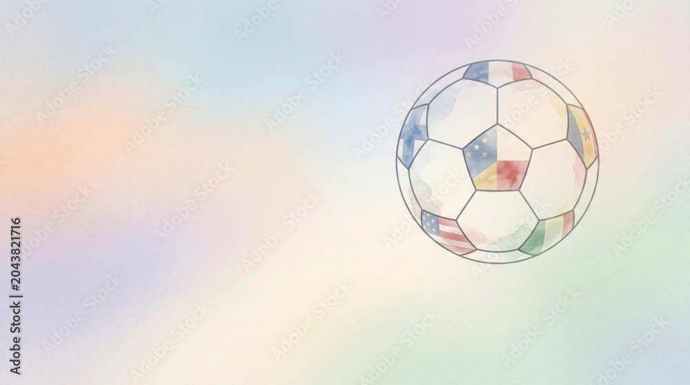 Fototapeta premium A watercolor illustration of a soccer ball adorned with flags, symbolizing international unity in sport.