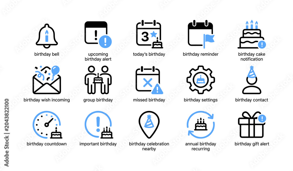 Naklejka premium Birthday and reminder icons arranged in grid on white background