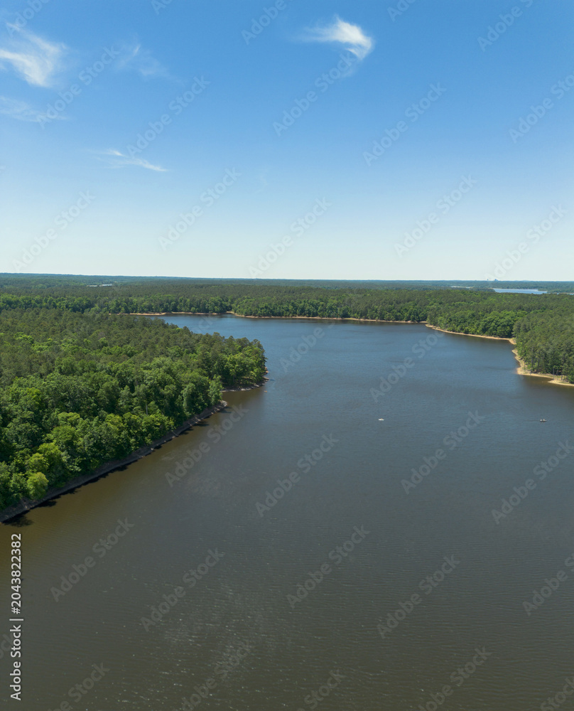 Fototapeta premium Aerial view of Falls Lake near Raleigh, North Carolina. The lake serves as a source of drinking water and a recreation spot for Raleigh