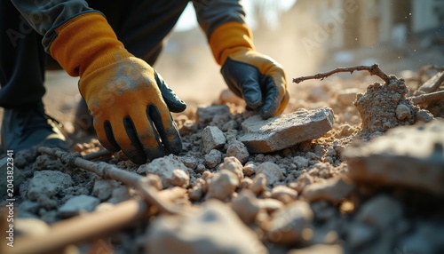 Worker in gloves sorts rubble and debris from destroyed building. Person clears wreckage after earthquake or demolition. Recovery effort continues in dusty, sunlit area.