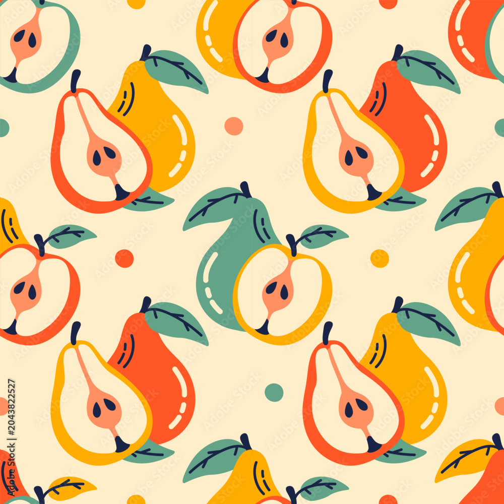 Obraz premium Pear fruit flat style seamless pattern featuring different color pears cut in half and whole pears on a clean plain background. Playful fruit design.